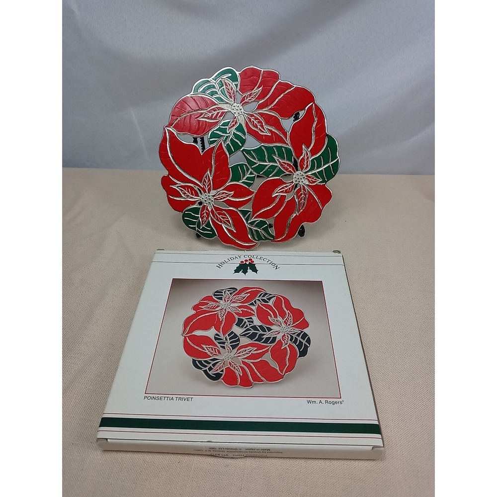Vintage Wm A Rogers Poinsettia Trivet Silverplate & Enamel 1986 Christmas Trivet